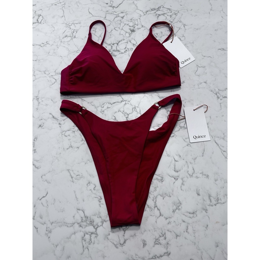 NWT Quince Cherry Red V Neck Top & Italian High-Leg Ring Bikini Bottom Set Small